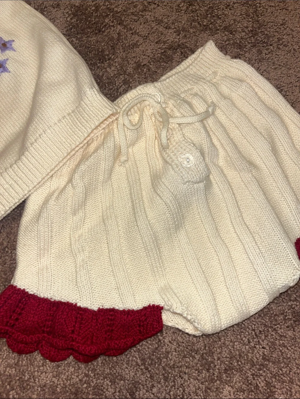 Cream & Red Floral Knit Baby Set with Ruffle Collar